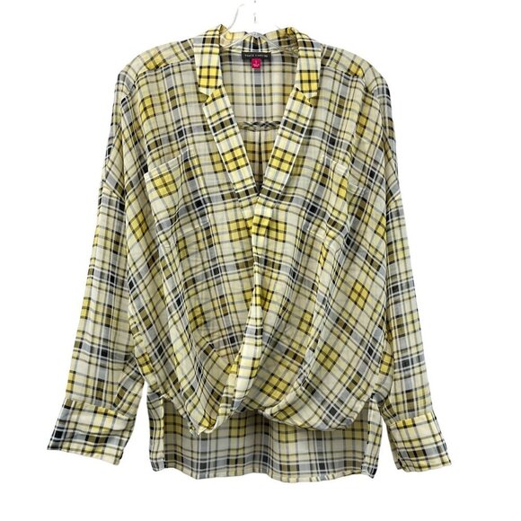 Vince Camuto Sheer Surplice Hi Low Top Yellow/Multi Plaid Size Small - Picture 1 of 9